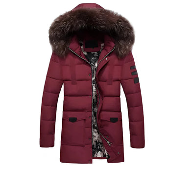 Men's black insulated waterproof parka with a fur hood, shown in a Bordeaux color, size 4XL, featuring a stylish design with long sleeves and a warm, natural material lining.
