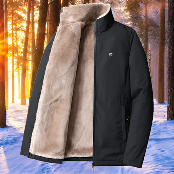 Men's black insulated waterproof thermal winter jacket with long sleeves and a stand-up collar, designed for cold and snowy conditions.