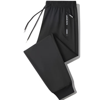 Men's black joggers showcasing lightweight design with zippered pockets, suitable for athletic activities.