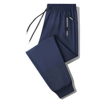 Men's black joggers featuring lightweight fabric, athletic fit, and zippered pockets.