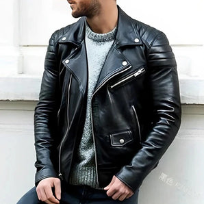 Men's black leather biker jacket with quilted shoulders and asymmetrical zip, featuring long sleeves and a stylish collar, size 3XL.