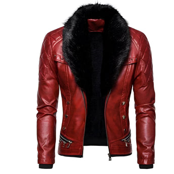 Men's black leather biker jacket featuring faux fur on the collar, quilted sleeves, and a sleek design, shown in a red color variant, size 2XL.