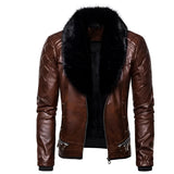 Men's brown leather biker jacket in size 2XL, featuring a faux fur collar and quilted sleeves.