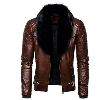 Men's brown leather biker jacket in size 2XL, featuring a faux fur collar and quilted sleeves.