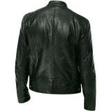 Men's black leather biker jacket with a classic design featuring a notched collar, long sleeves, and multiple pockets, showcasing genuine motorcycle outerwear style.