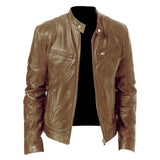 Men's black leather biker jacket featuring a sleek design with a structured collar, long sleeves, and high-quality leather material suitable for motorcycle riding and fashionable outerwear.