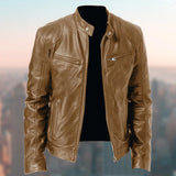 Brown leather biker jacket with a classic collar and long sleeves, designed as outerwear for men, displayed in 3XL size.
