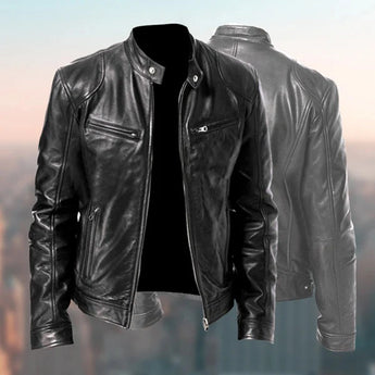 Men's black leather biker jacket with a classic collar and long sleeves, featuring a sleek and stylish design ideal for motorcycle enthusiasts.