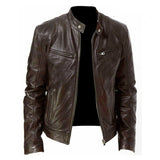 Men's coffee brown leather biker jacket in size 3XL, featuring long sleeves, a structured collar, and multiple pockets, crafted from genuine natural material.