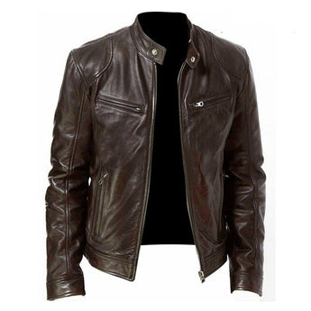 Men's coffee brown leather biker jacket in size 3XL, featuring long sleeves, a structured collar, and multiple pockets, crafted from genuine natural material.