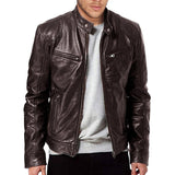 Men's black leather biker jacket with a stylish collar and long sleeves, perfect for motorcycle riding and fashion-forward outerwear enthusiasts.