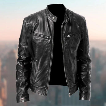 Men's black leather biker jacket with a classic collar and long sleeves, designed for motorcycle enthusiasts, displayed in 3XL size.