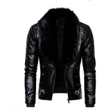 Men's black leather biker jacket featuring faux fur collar and quilted sleeves, displayed in size 2XL.