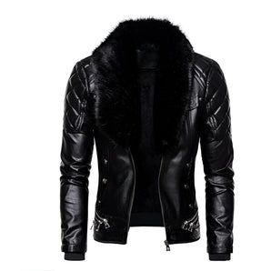 Men's black leather biker jacket featuring faux fur collar and quilted sleeves, displayed in size 2XL.