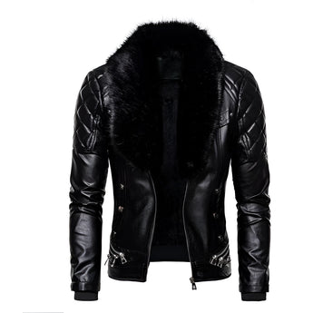 Men's black leather biker jacket featuring faux fur collar and quilted sleeves, displayed in size 2XL.