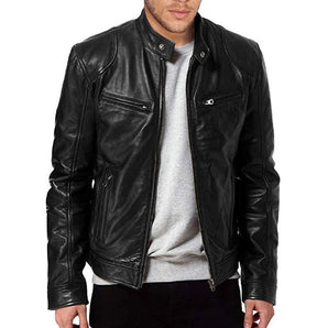 Men's black leather biker jacket with a stylish collar and long sleeves, designed as fashionable motorcycle outerwear.
