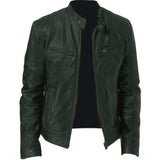 Men's dark green leather biker jacket in 3XL size, featuring a sleek design with a collar, long sleeves, and pockets, crafted from genuine leather.