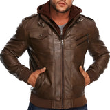 Men's brown leather bomber jacket with a detachable hood, featuring long sleeves and a stylish design suitable for fashion-forward outerwear.