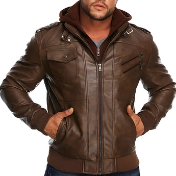 Men's brown leather bomber jacket with a detachable hood, featuring long sleeves and a stylish design suitable for fashion-forward outerwear.