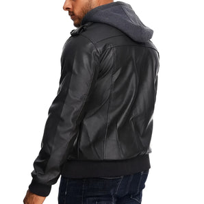Men's black leather bomber jacket with detachable hood, featuring a sleek design with a prominent collar and full-length sleeves.