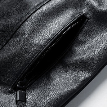 Men's black leather bomber jacket with faux sleeves, tailored fit, featuring a sleek design and stylish detailing.