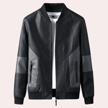Men's tailored fit black leather bomber jacket with faux grey sleeves and a collar, size XL.