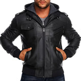 Men's black leather bomber jacket with detachable hood, shown in a Nero color and 3XL size, featuring a standing collar and long sleeves.