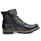 Men's black leather combat boots with a side zipper and rugged sole, featuring a sturdy design suitable for outdoor activities and work environments.
