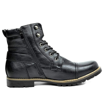 Men's black leather combat boots with a side zipper and rugged sole, featuring a sturdy design suitable for outdoor activities and work environments.