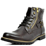 Men's dark brown leather combat boots featuring a rugged sole and a convenient side zipper, designed for outdoor and work environments.