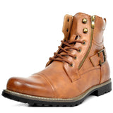 Men's brown leather combat boots with a side zipper and rugged sole, size 48.