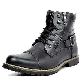 Men's black leather combat boots with a side zipper and rugged sole, shown in the Nero color variant, size 48.