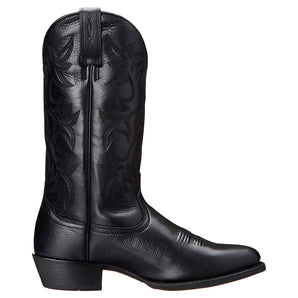 Men's black leather cowboy boots with western style and detailed stitching, featuring a durable synthetic rubber sole.