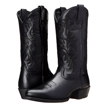Men's black leather cowboy boots with detailed stitching, Western style design, and durable synthetic rubber soles.