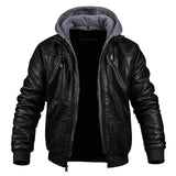 Men's black leather hooded motorcycle bomber jacket, size 3XL, featuring a front pocket, long sleeves, and a sleek collar design, ideal for winter wear.