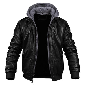 Men's black leather hooded motorcycle bomber jacket, size 3XL, featuring a front pocket, long sleeves, and a sleek collar design, ideal for winter wear.