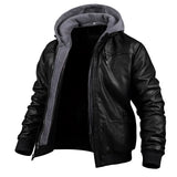 Men's black leather hooded motorcycle bomber jacket with long sleeves and a structured collar, designed for winter wear.