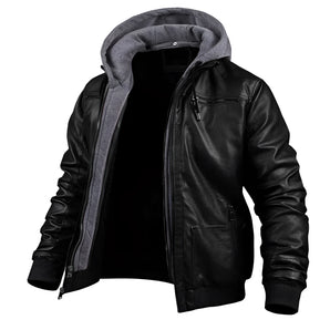 Men's black leather hooded motorcycle bomber jacket with long sleeves and a structured collar, designed for winter wear.