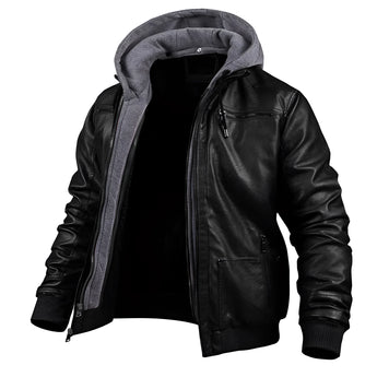 Men's black leather hooded motorcycle bomber jacket with long sleeves and a structured collar, designed for winter wear.