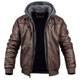 Men's dark brown leather hooded motorcycle bomber jacket with a front zipper, long sleeves, and multiple pockets, designed for winter wear.