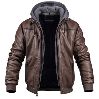 Men's dark brown leather hooded motorcycle bomber jacket with a front zipper, long sleeves, and multiple pockets, designed for winter wear.
