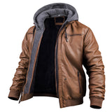 Brown leather hooded motorcycle bomber jacket for men, featuring long sleeves, a collar, and crafted from natural material, displayed in a 3XL size.