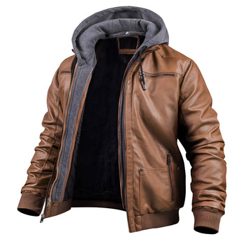 Brown leather hooded motorcycle bomber jacket for men, featuring long sleeves, a collar, and crafted from natural material, displayed in a 3XL size.