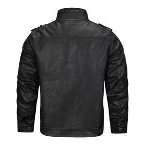 Men's black leather jacket in a biker moto style featuring epaulets, long sleeves, a structured collar, and front pockets.