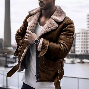 Men wearing a black leather jacket with a shearling collar, styled with a light brown variant; he is standing, sporting eyeglasses and a beard, accessorized with jewelry, and wearing denim jeans.
