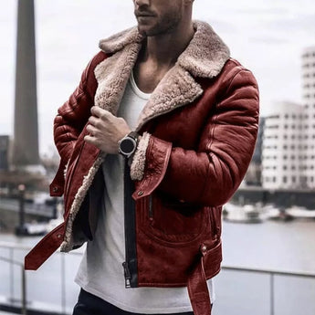 Men wearing a black leather jacket with a shearling collar, styled with a cool and urban fashion vibe. The jacket's design includes prominent features such as sleeves and a stylish collar, paired with a red interior lining. The man is standing confidently, sporting eyewear and a beard, embodying a trendy look.