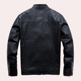 Men's black leather motorcycle jacket featuring a stylish zipper and button collar, with long sleeves and front pockets.