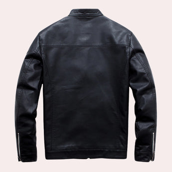 Men's black leather motorcycle jacket featuring a stylish zipper and button collar, with long sleeves and front pockets.