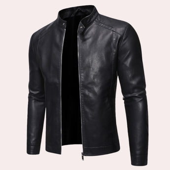 Men's black leather motorcycle jacket featuring a stylish zipper and button collar, shown in size 5XL with long sleeves.