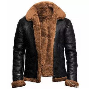 Brown men's leather shearling bomber jacket featuring a fur collar, with long sleeves and a classic design suitable for outerwear.